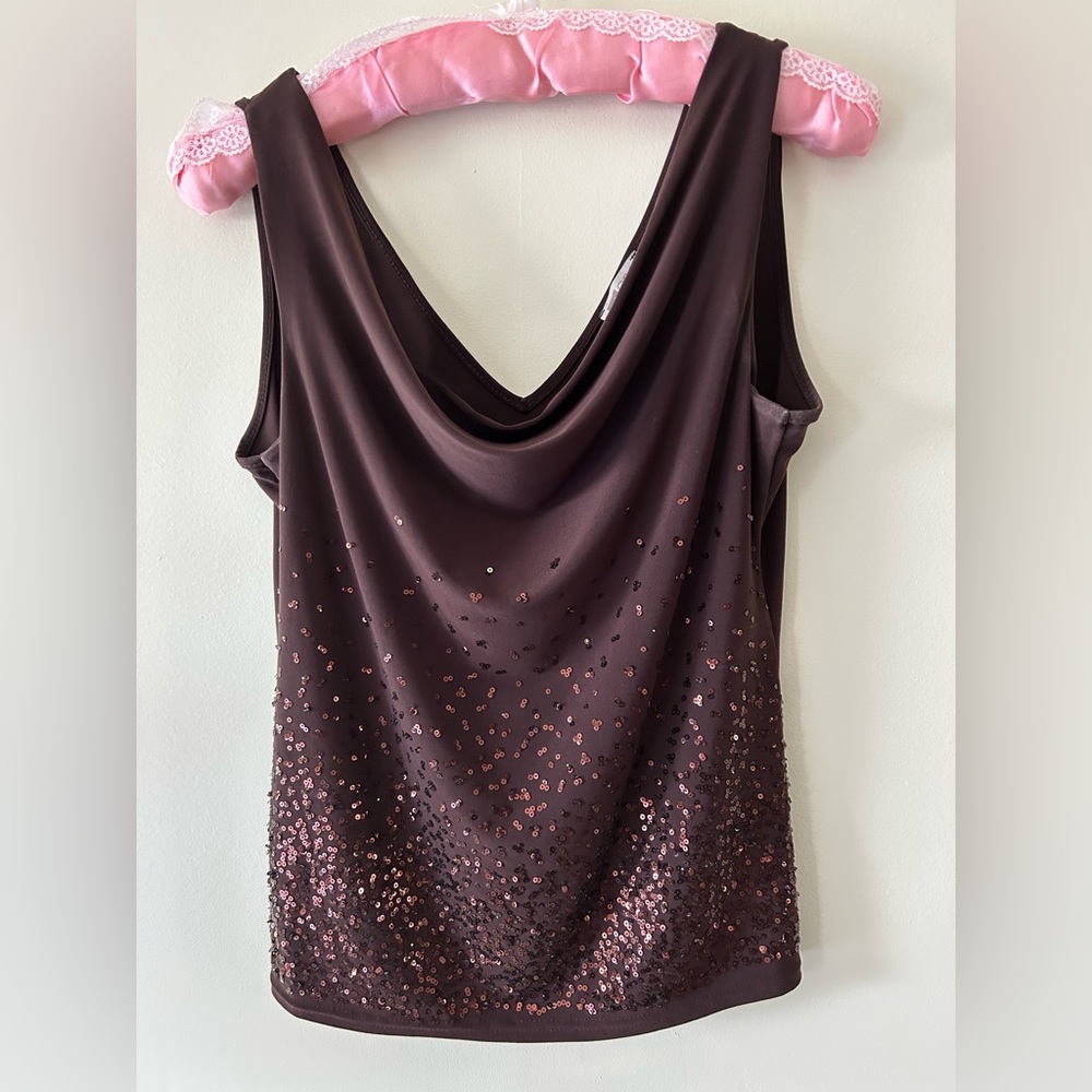 ‘MK ONE’ - UK Delicately sequinned brown cowl neck top.